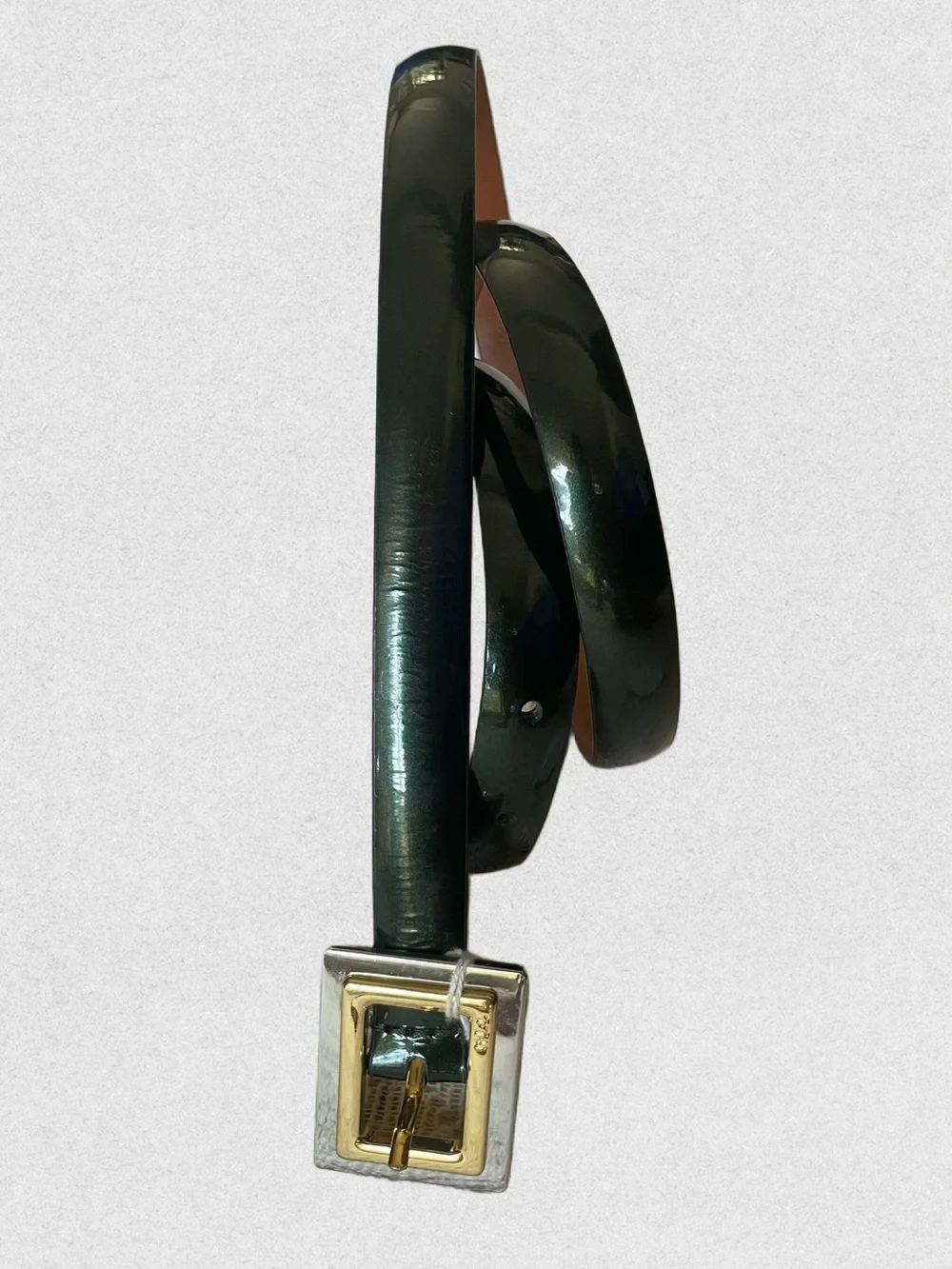 Ralph Lauren Dark Green Leather Belt with Gold-  & Silver Square Buck